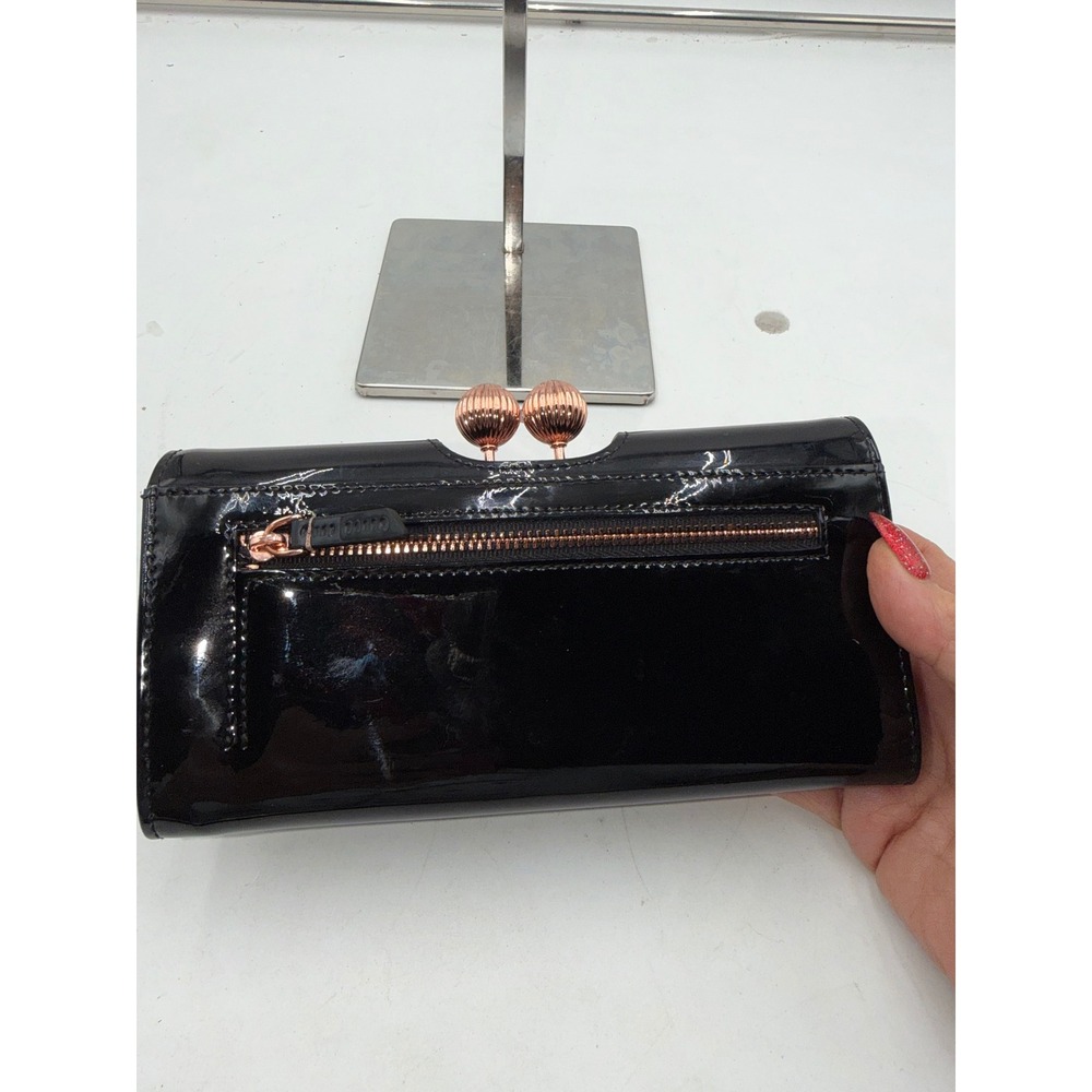 Ted Baker London Black Patent Leather Bobble Clasp Matinee Wallet Rose Gold - Picture 3 of 8